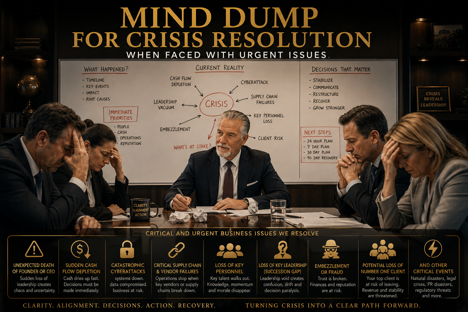 Mind Dump for Crisis Resolution — boardroom session mapping urgent business issues and recovery steps
