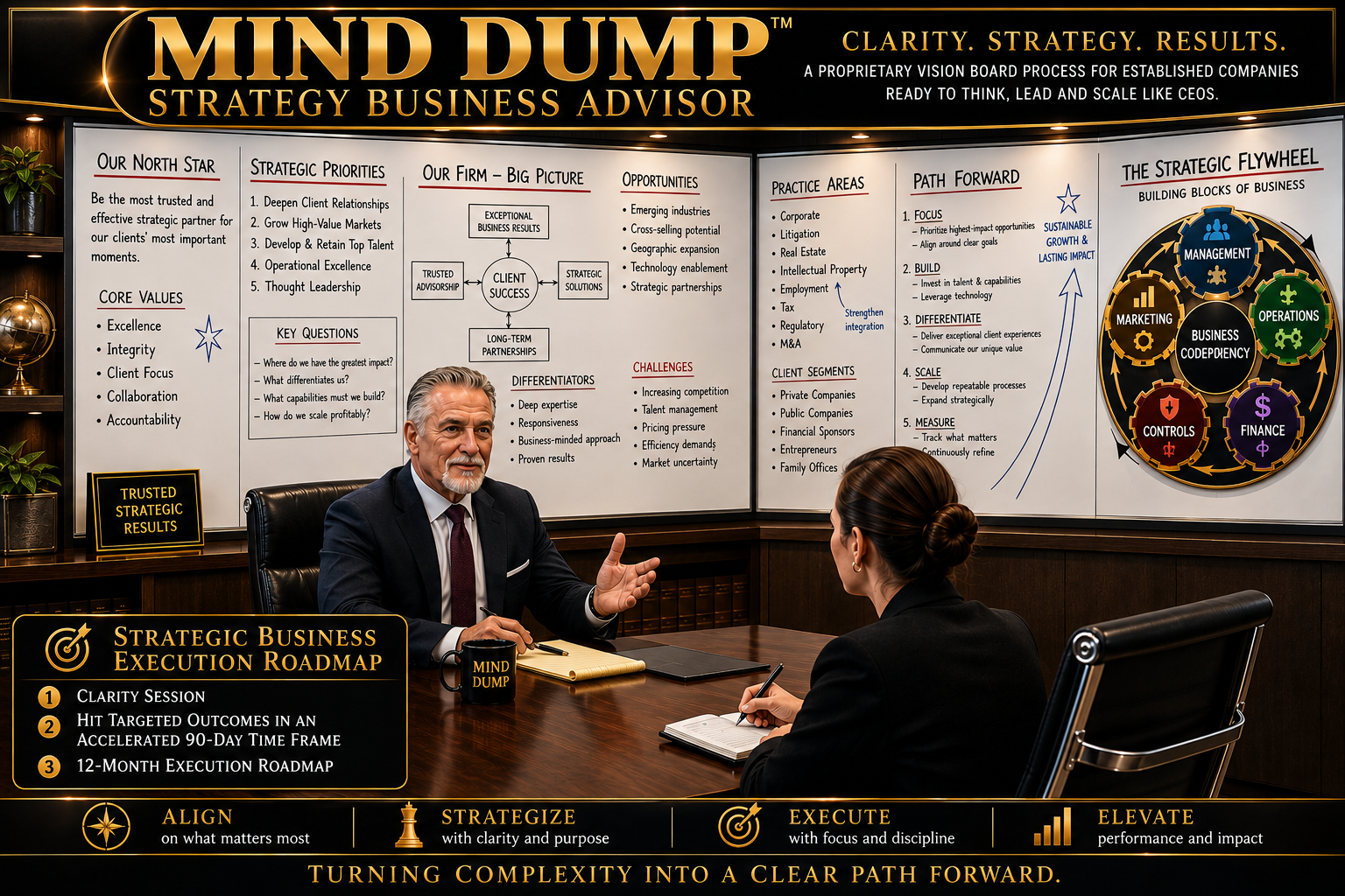 Mind Dump Strategy Business Advisor — vision board session showing strategic framework, execution roadmap, and the Strategic Flywheel